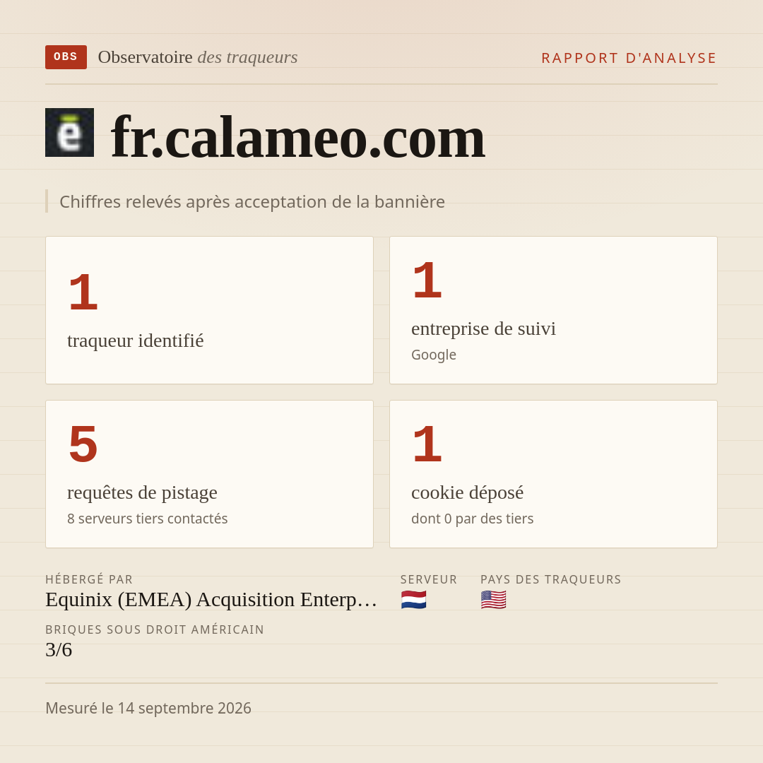 fr.calameo.com : 1 traqueur identifié, 1 entreprise de suivi, 5 requêtes de pistage. Chiffres relevés après acceptation de la bannière.