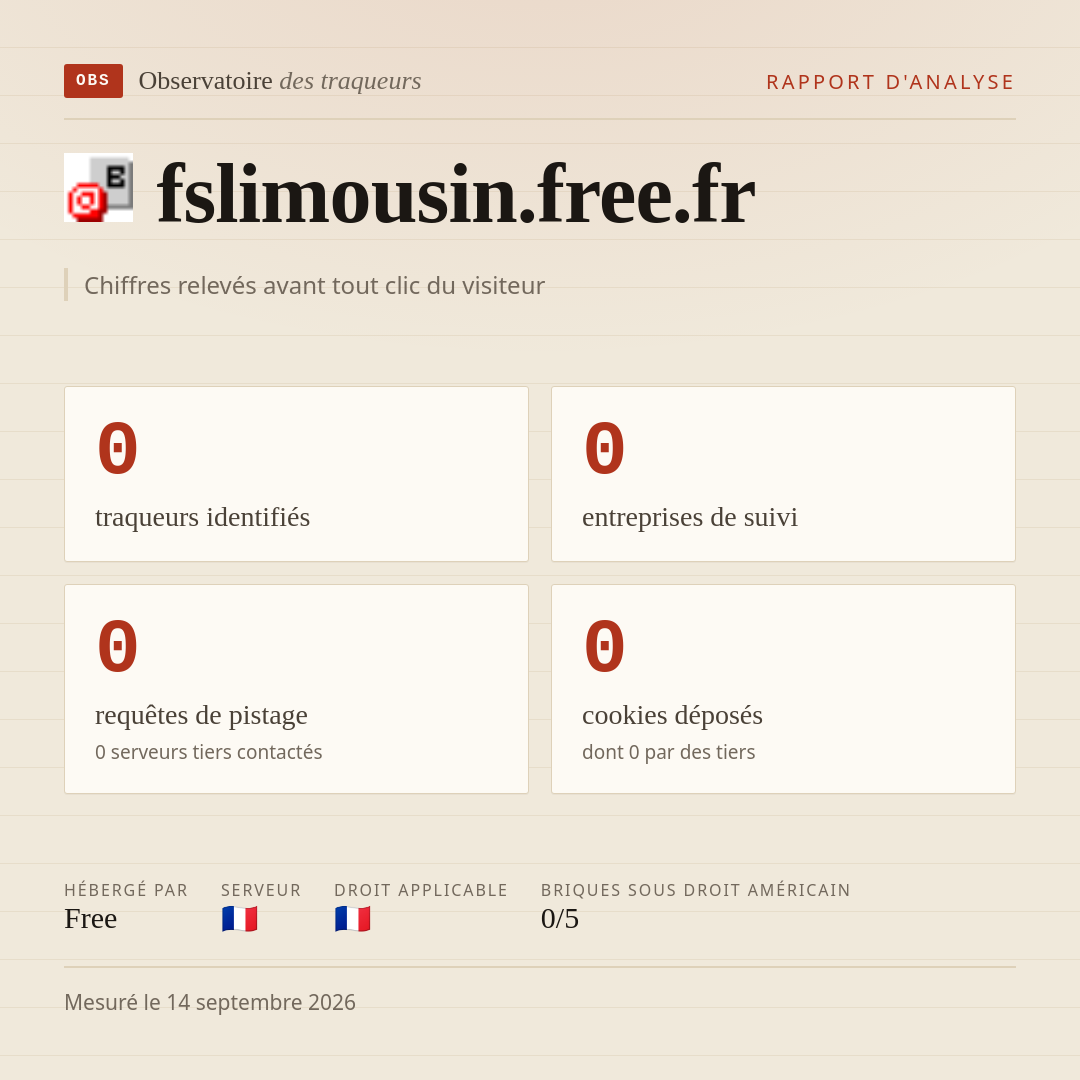 fslimousin.free.fr : 0 traqueurs identifiés, 0 entreprises de suivi, 0 requêtes de pistage. Chiffres relevés avant tout clic du visiteur.