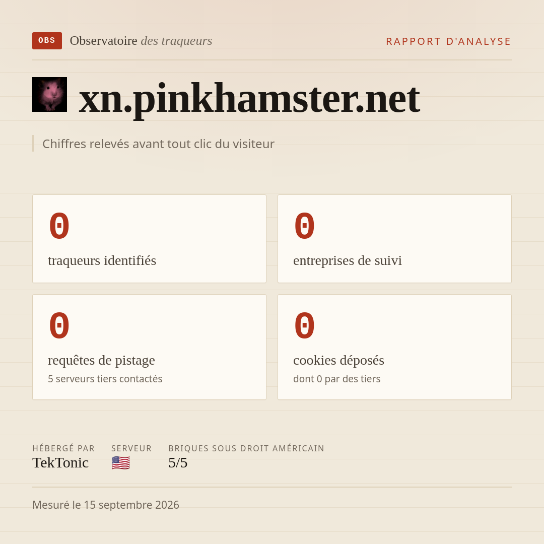 xn.pinkhamster.net : 0 traqueurs identifiés, 0 entreprises de suivi, 0 requêtes de pistage. Chiffres relevés avant tout clic du visiteur.