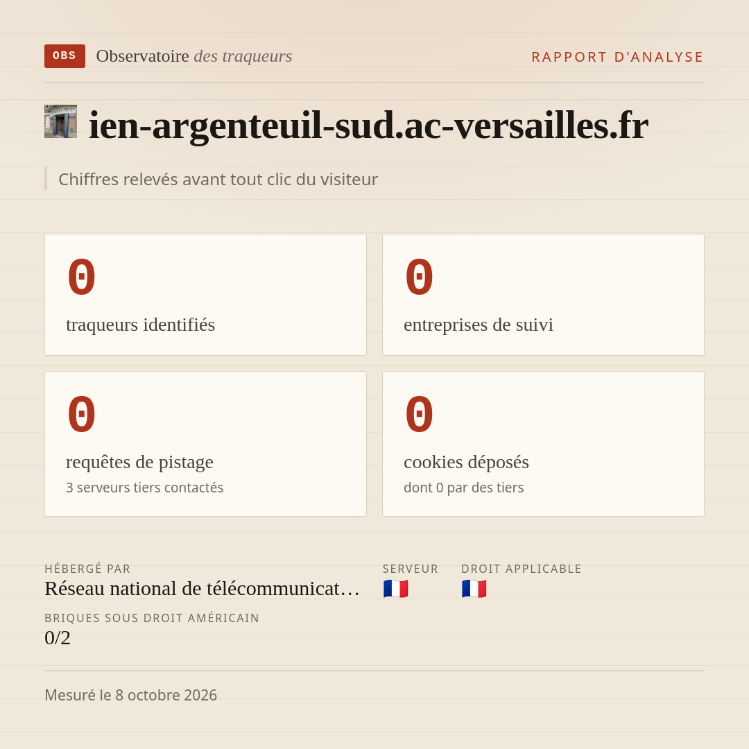 ien-argenteuil-sud.ac-versailles.fr : 0 traqueurs identifiés, 0 entreprises de suivi, 0 requêtes de pistage. Chiffres relevés avant tout clic du visiteur.