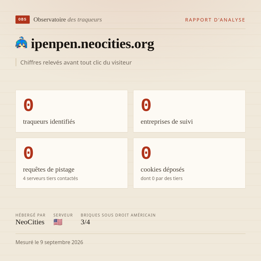 ipenpen.neocities.org : 0 traqueurs identifiés, 0 entreprises de suivi, 0 requêtes de pistage. Chiffres relevés avant tout clic du visiteur.