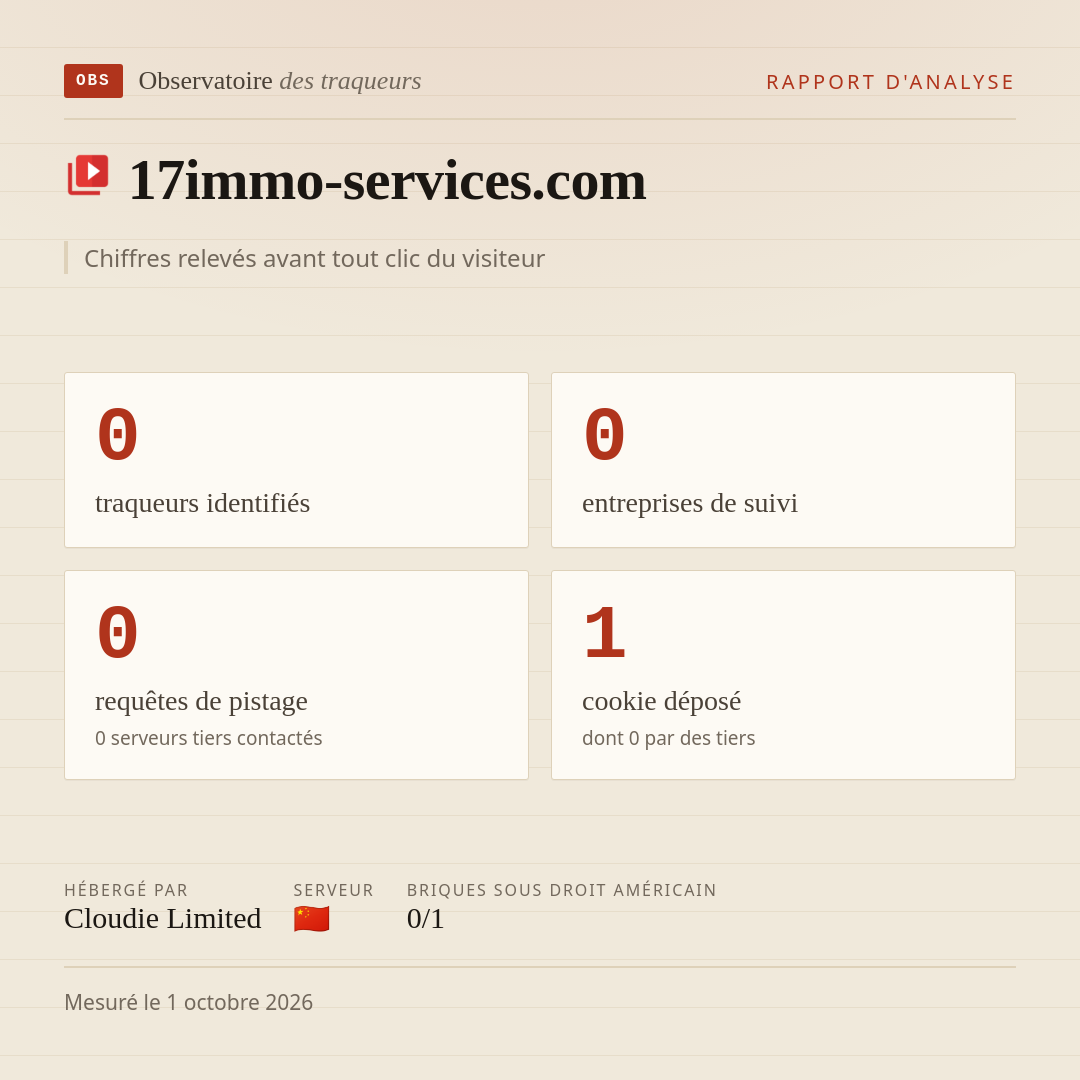 17immo-services.com : 0 traqueurs identifiés, 0 entreprises de suivi, 0 requêtes de pistage. Chiffres relevés avant tout clic du visiteur.