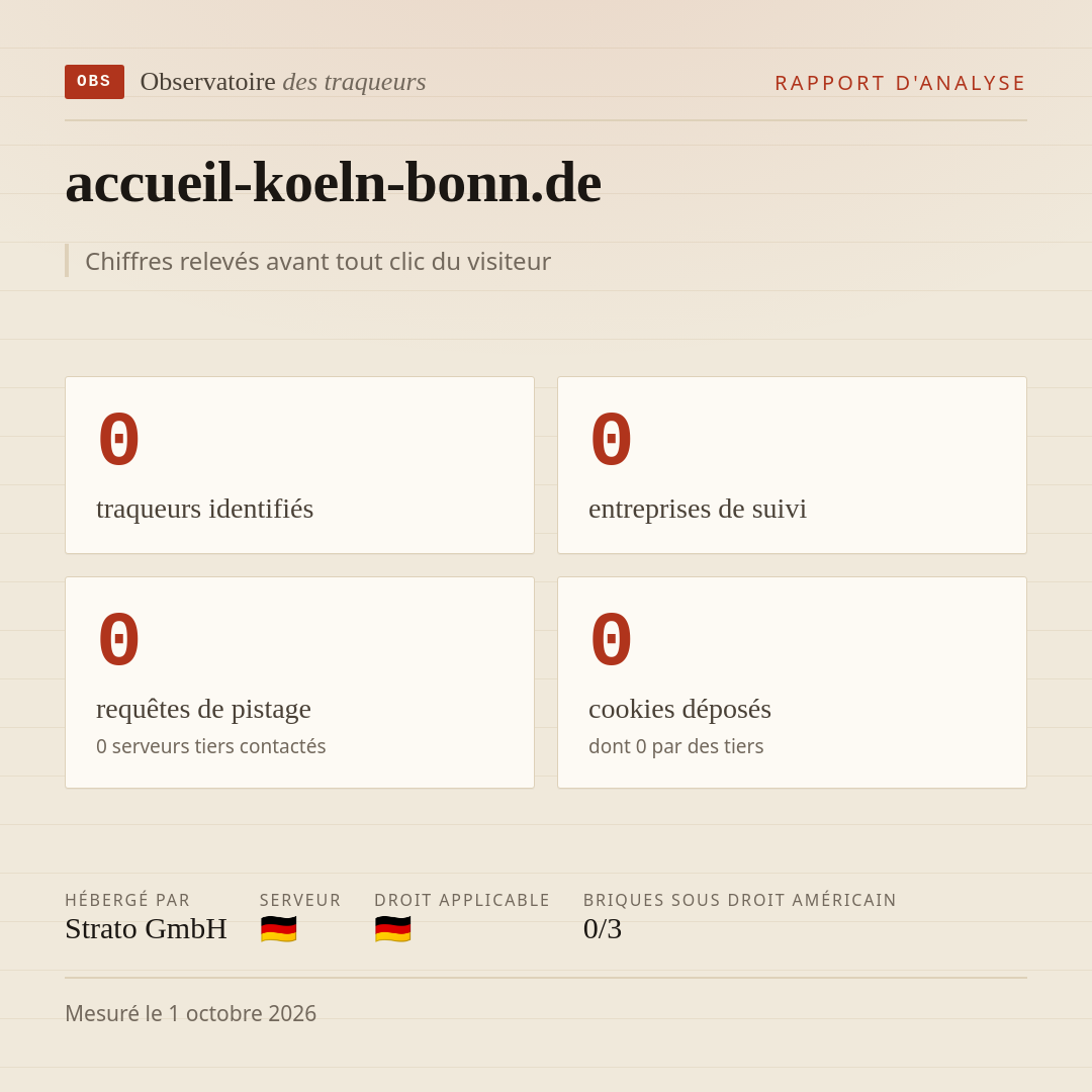 accueil-koeln-bonn.de : 0 traqueurs identifiés, 0 entreprises de suivi, 0 requêtes de pistage. Chiffres relevés avant tout clic du visiteur.