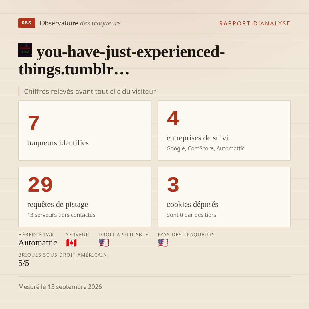 you-have-just-experienced-things.tumblr… : 7 traqueurs identifiés, 4 entreprises de suivi, 29 requêtes de pistage. Chiffres relevés avant tout clic du visiteur.