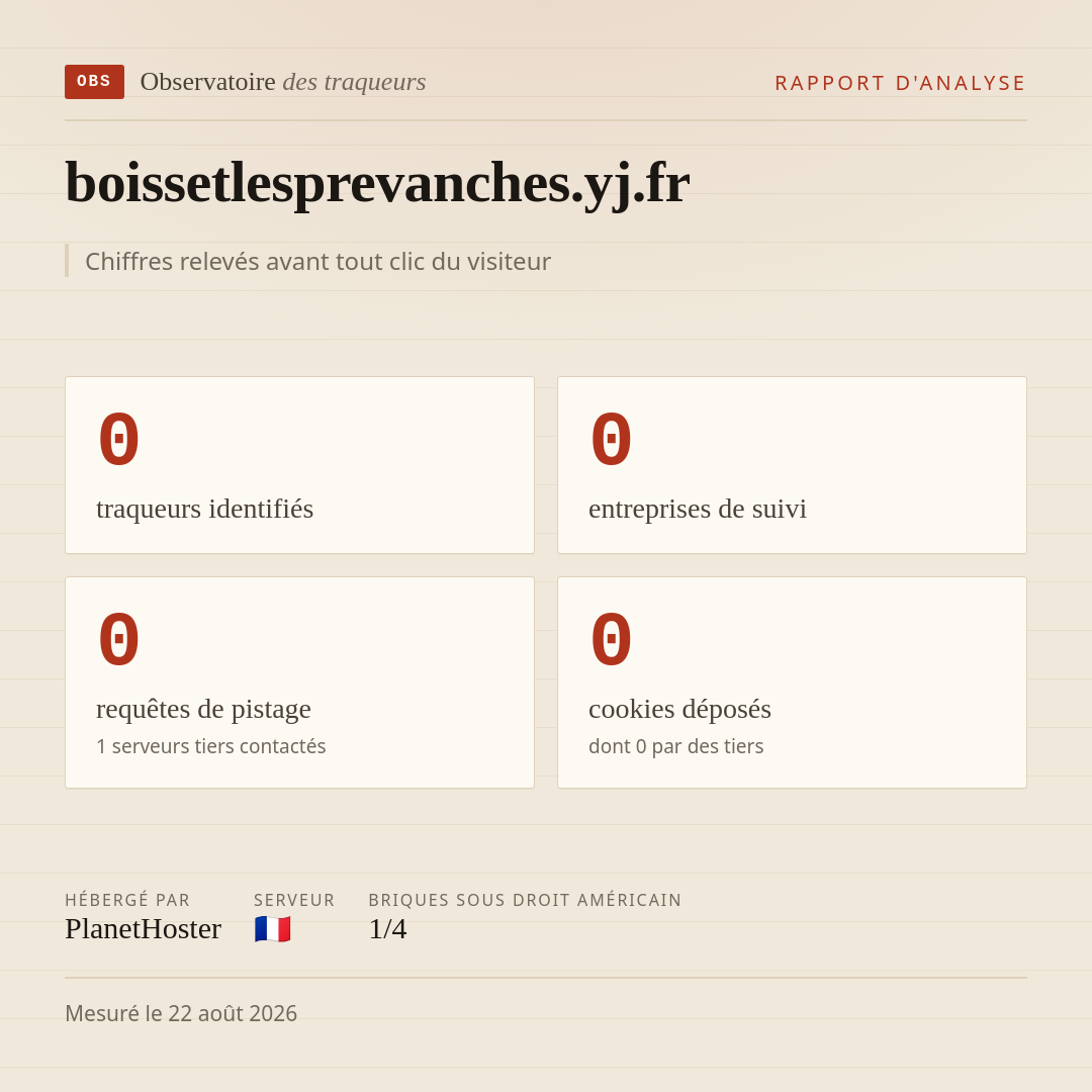 boissetlesprevanches.yj.fr : 0 traqueurs identifiés, 0 entreprises de suivi, 0 requêtes de pistage. Chiffres relevés avant tout clic du visiteur.