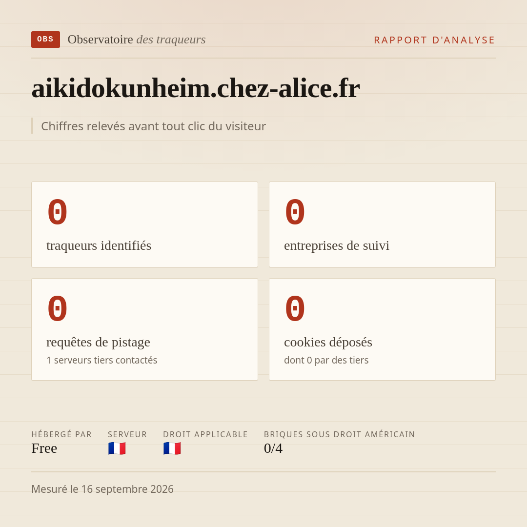 aikidokunheim.chez-alice.fr : 0 traqueurs identifiés, 0 entreprises de suivi, 0 requêtes de pistage. Chiffres relevés avant tout clic du visiteur.