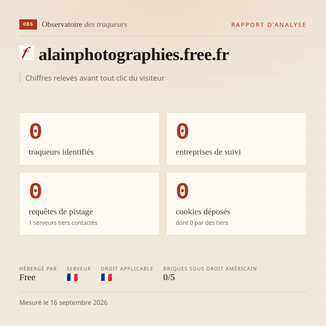 alainphotographies.free.fr : 0 traqueurs identifiés, 0 entreprises de suivi, 0 requêtes de pistage. Chiffres relevés avant tout clic du visiteur.