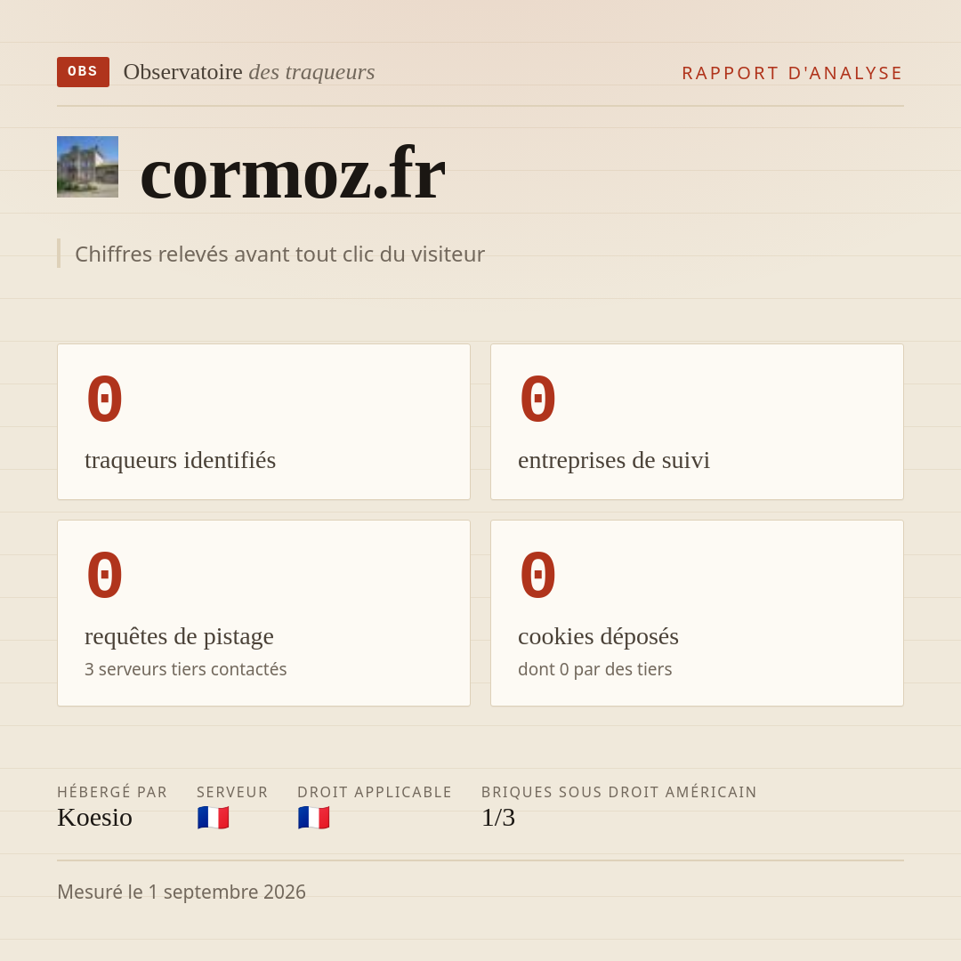 cormoz.fr : 0 traqueurs identifiés, 0 entreprises de suivi, 0 requêtes de pistage. Chiffres relevés avant tout clic du visiteur.