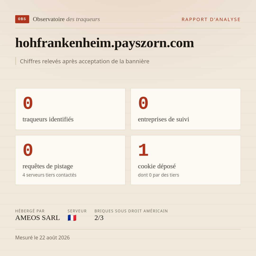 hohfrankenheim.payszorn.com : 0 traqueurs identifiés, 0 entreprises de suivi, 0 requêtes de pistage. Chiffres relevés après acceptation de la bannière.