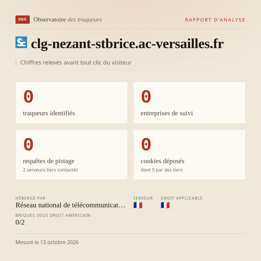 clg-nezant-stbrice.ac-versailles.fr : 0 traqueurs identifiés, 0 entreprises de suivi, 0 requêtes de pistage. Chiffres relevés avant tout clic du visiteur.