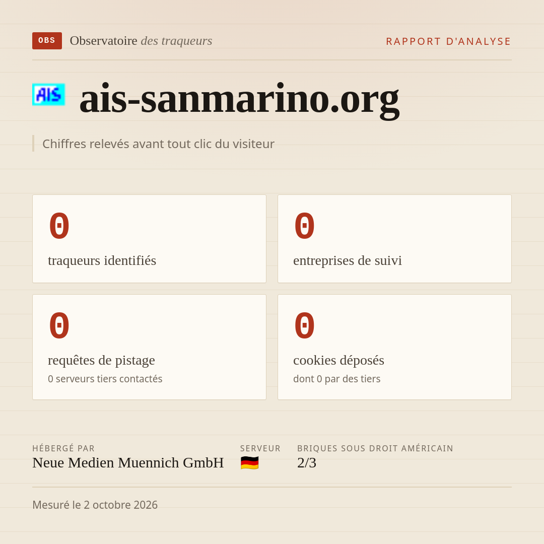 ais-sanmarino.org : 0 traqueurs identifiés, 0 entreprises de suivi, 0 requêtes de pistage. Chiffres relevés avant tout clic du visiteur.