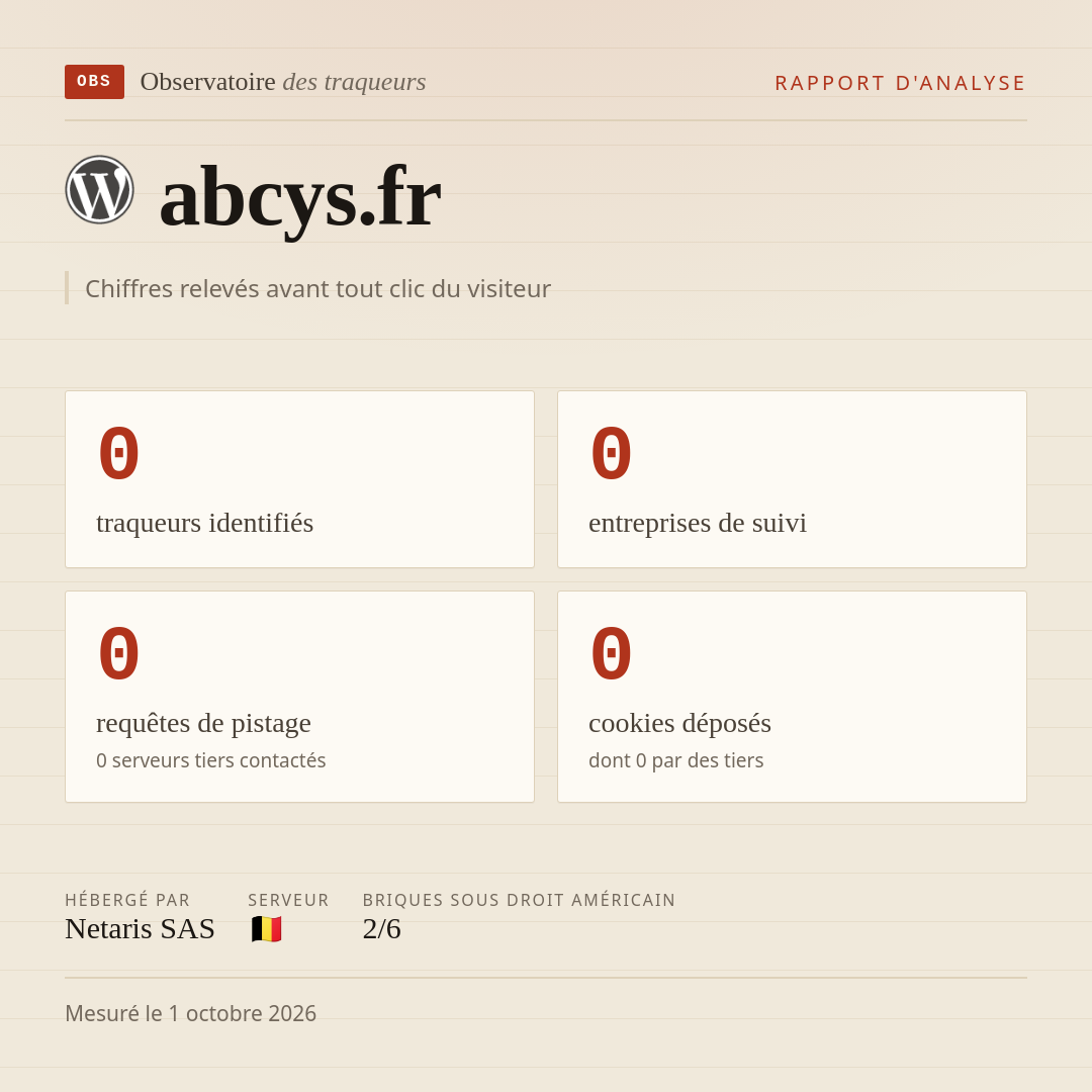 abcys.fr : 0 traqueurs identifiés, 0 entreprises de suivi, 0 requêtes de pistage. Chiffres relevés avant tout clic du visiteur.