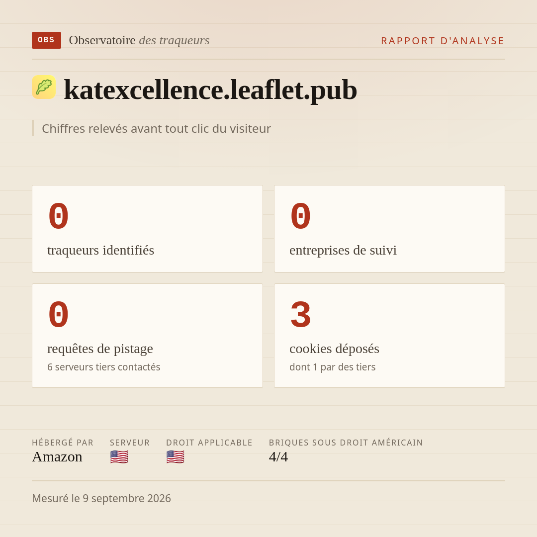 katexcellence.leaflet.pub : 0 traqueurs identifiés, 0 entreprises de suivi, 0 requêtes de pistage. Chiffres relevés avant tout clic du visiteur.