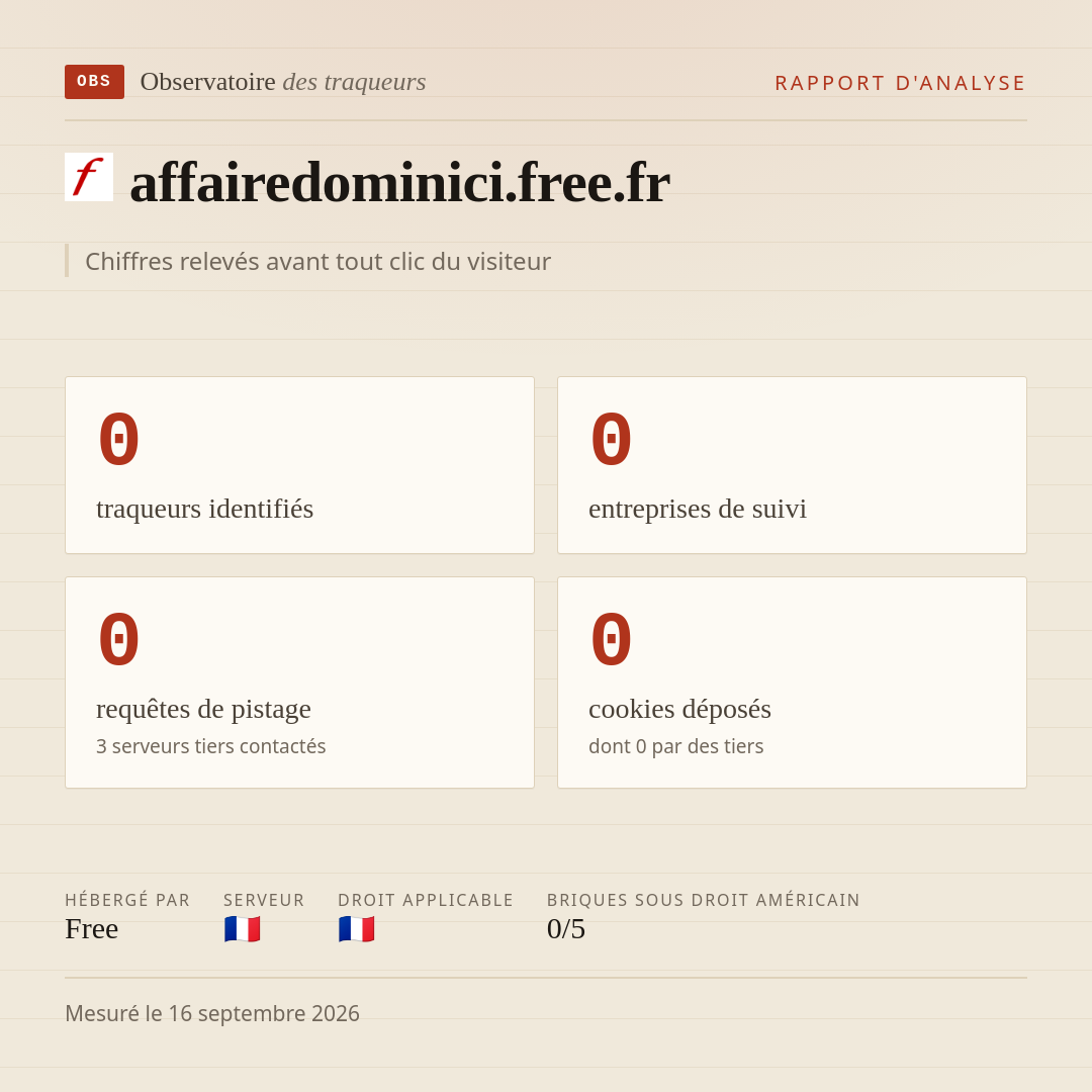 affairedominici.free.fr : 0 traqueurs identifiés, 0 entreprises de suivi, 0 requêtes de pistage. Chiffres relevés avant tout clic du visiteur.