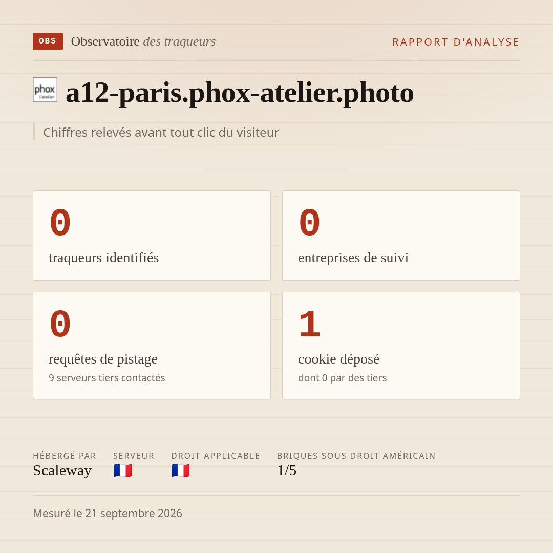 a12-paris.phox-atelier.photo : 0 traqueurs identifiés, 0 entreprises de suivi, 0 requêtes de pistage. Chiffres relevés avant tout clic du visiteur.