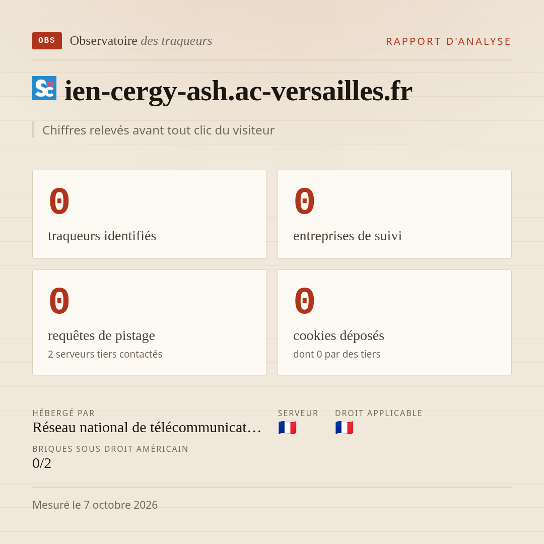 ien-cergy-ash.ac-versailles.fr : 0 traqueurs identifiés, 0 entreprises de suivi, 0 requêtes de pistage. Chiffres relevés avant tout clic du visiteur.
