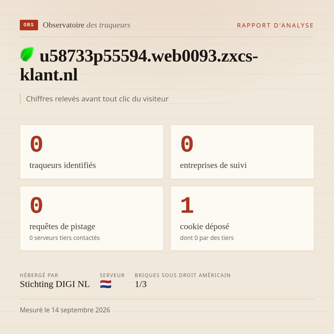 u58733p55594.web0093.zxcs-klant.nl : 0 traqueurs identifiés, 0 entreprises de suivi, 0 requêtes de pistage. Chiffres relevés avant tout clic du visiteur.