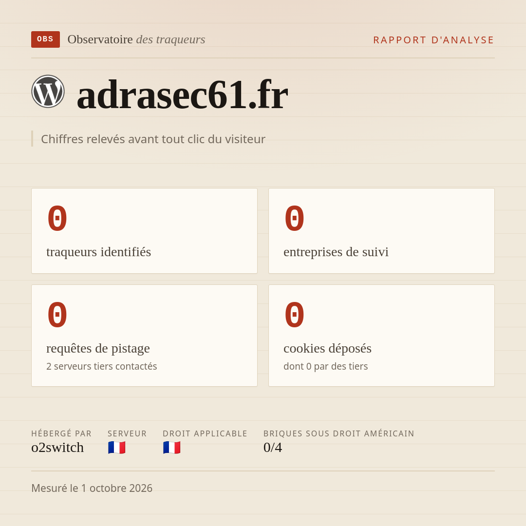 adrasec61.fr : 0 traqueurs identifiés, 0 entreprises de suivi, 0 requêtes de pistage. Chiffres relevés avant tout clic du visiteur.