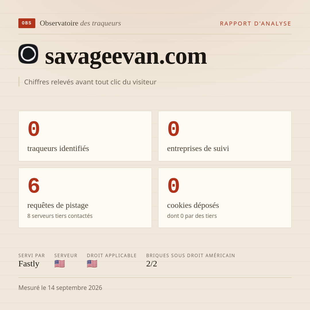 savageevan.com : 0 traqueurs identifiés, 0 entreprises de suivi, 6 requêtes de pistage. Chiffres relevés avant tout clic du visiteur.