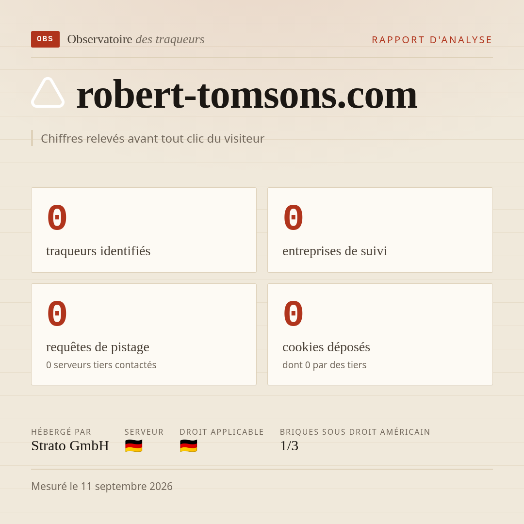 robert-tomsons.com : 0 traqueurs identifiés, 0 entreprises de suivi, 0 requêtes de pistage. Chiffres relevés avant tout clic du visiteur.