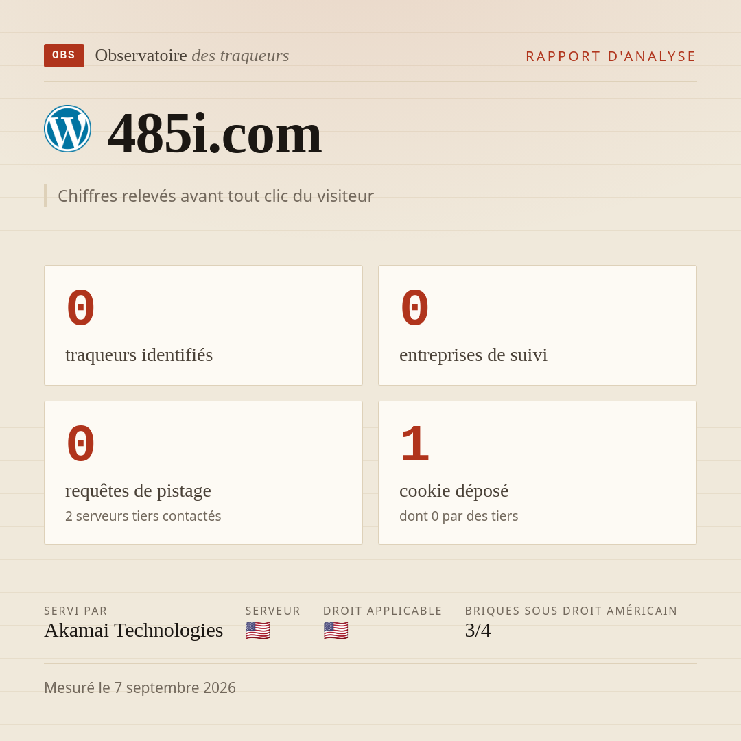 485i.com : 0 traqueurs identifiés, 0 entreprises de suivi, 0 requêtes de pistage. Chiffres relevés avant tout clic du visiteur.