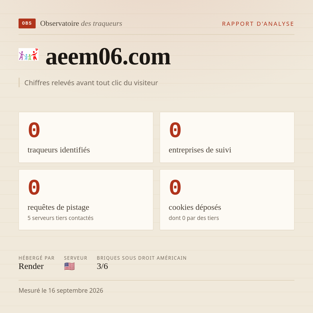 aeem06.com : 0 traqueurs identifiés, 0 entreprises de suivi, 0 requêtes de pistage. Chiffres relevés avant tout clic du visiteur.