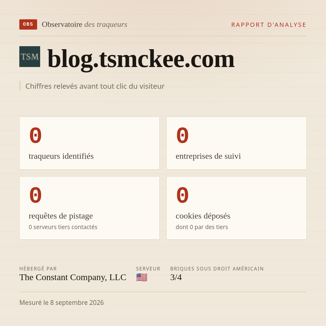 blog.tsmckee.com : 0 traqueurs identifiés, 0 entreprises de suivi, 0 requêtes de pistage. Chiffres relevés avant tout clic du visiteur.