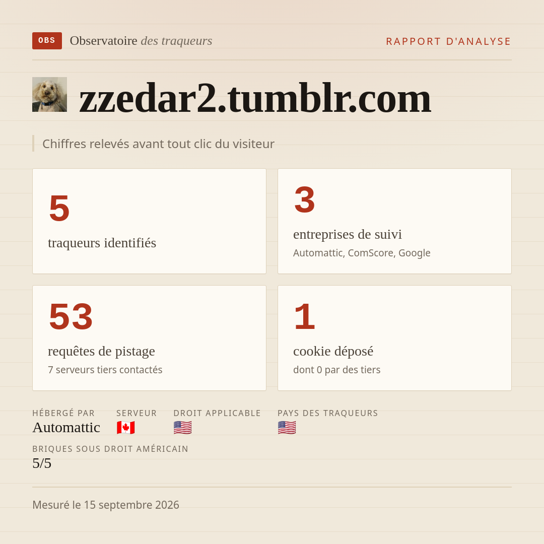 zzedar2.tumblr.com : 5 traqueurs identifiés, 3 entreprises de suivi, 53 requêtes de pistage. Chiffres relevés avant tout clic du visiteur.