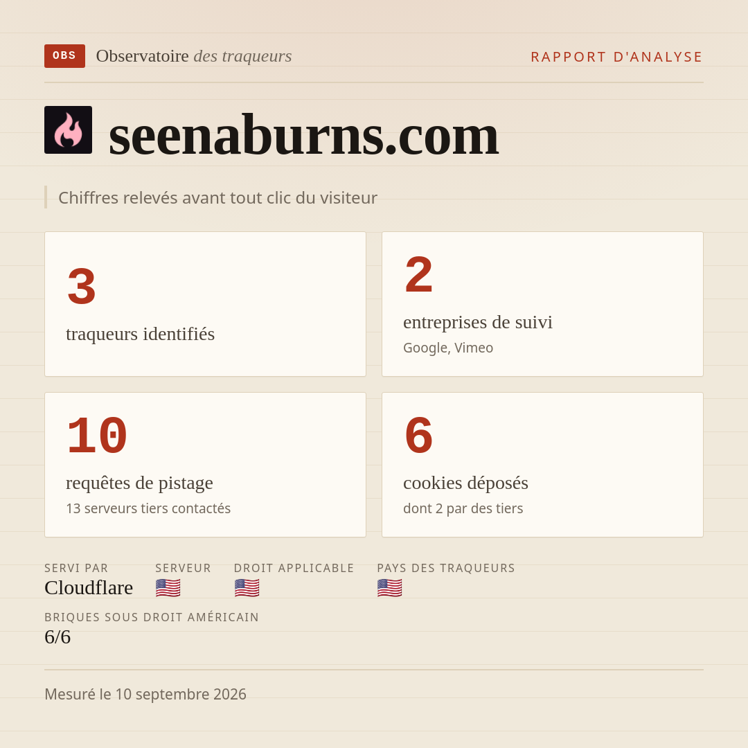 seenaburns.com : 3 traqueurs identifiés, 2 entreprises de suivi, 10 requêtes de pistage. Chiffres relevés avant tout clic du visiteur.