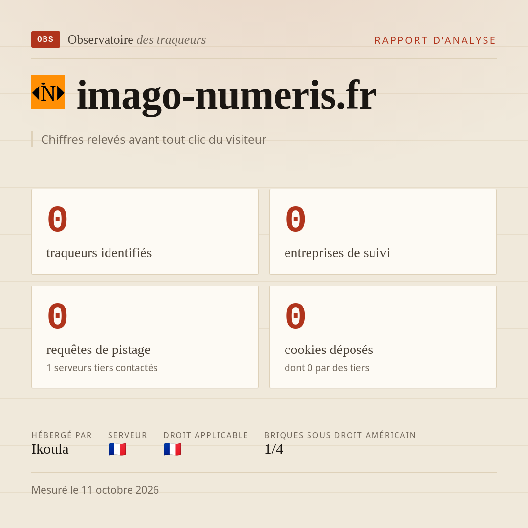 imago-numeris.fr : 0 traqueurs identifiés, 0 entreprises de suivi, 0 requêtes de pistage. Chiffres relevés avant tout clic du visiteur.