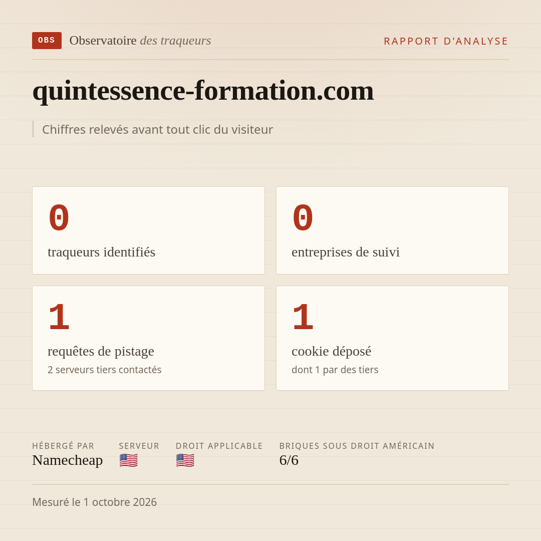 quintessence-formation.com : 0 traqueurs identifiés, 0 entreprises de suivi, 1 requêtes de pistage. Chiffres relevés avant tout clic du visiteur.