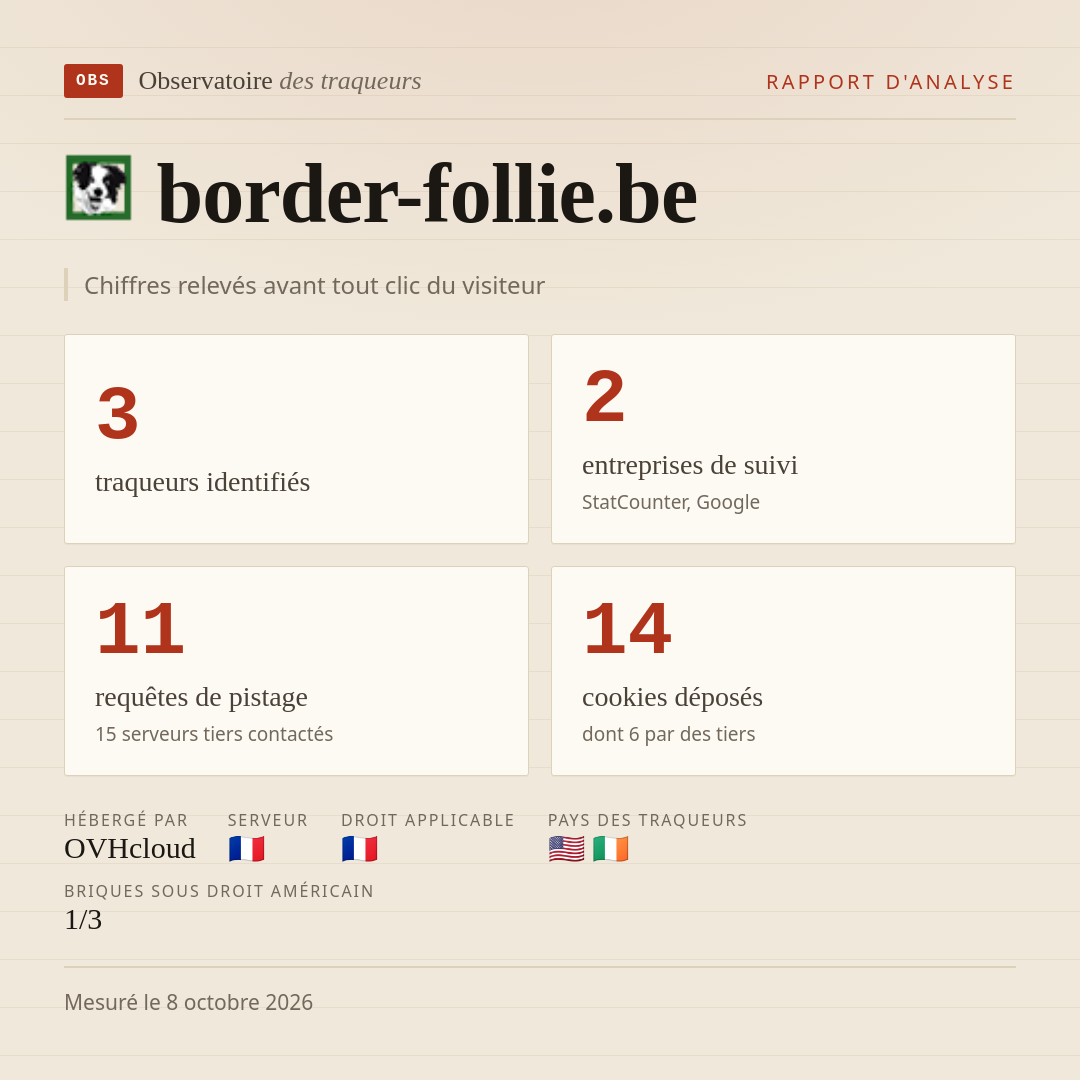 border-follie.be : 3 traqueurs identifiés, 2 entreprises de suivi, 11 requêtes de pistage. Chiffres relevés avant tout clic du visiteur.
