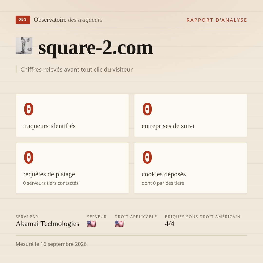 square-2.com : 0 traqueurs identifiés, 0 entreprises de suivi, 0 requêtes de pistage. Chiffres relevés avant tout clic du visiteur.