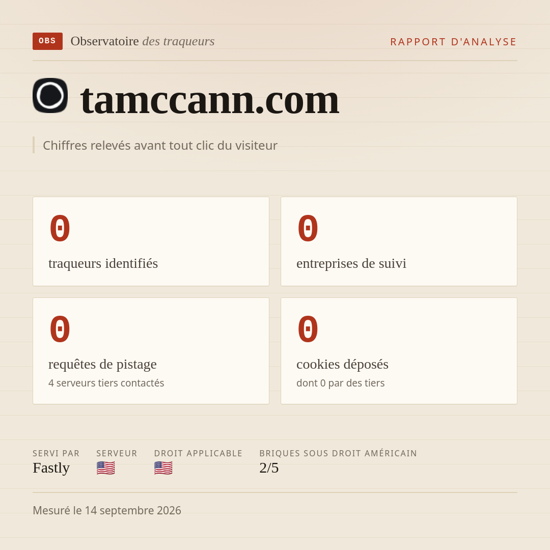 tamccann.com : 0 traqueurs identifiés, 0 entreprises de suivi, 0 requêtes de pistage. Chiffres relevés avant tout clic du visiteur.