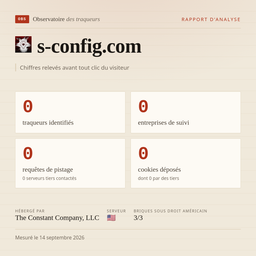 s-config.com : 0 traqueurs identifiés, 0 entreprises de suivi, 0 requêtes de pistage. Chiffres relevés avant tout clic du visiteur.