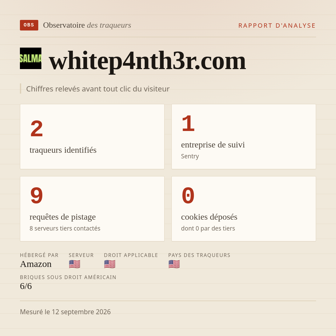 whitep4nth3r.com : 2 traqueurs identifiés, 1 entreprise de suivi, 9 requêtes de pistage. Chiffres relevés avant tout clic du visiteur.