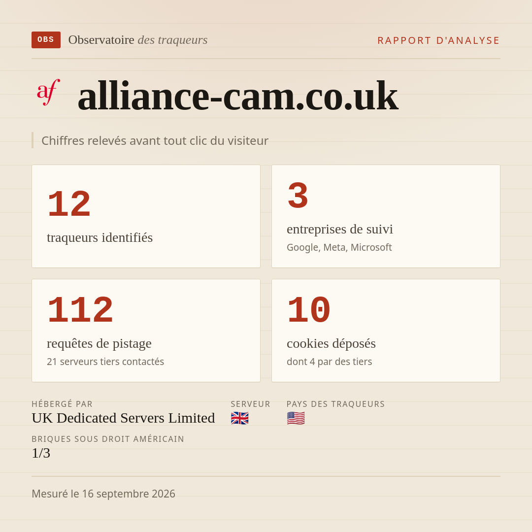alliance-cam.co.uk : 12 traqueurs identifiés, 3 entreprises de suivi, 112 requêtes de pistage. Chiffres relevés avant tout clic du visiteur.