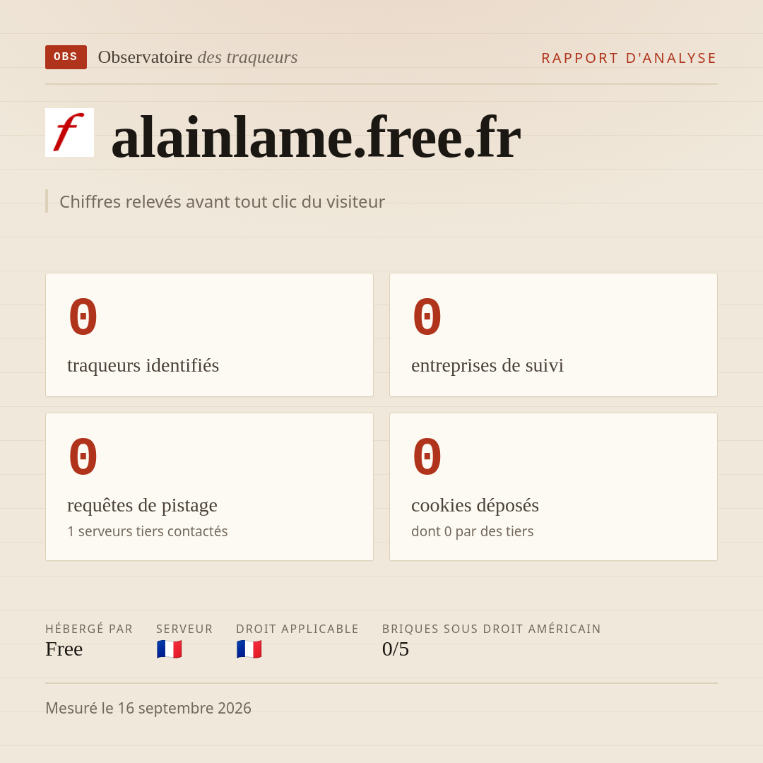 alainlame.free.fr : 0 traqueurs identifiés, 0 entreprises de suivi, 0 requêtes de pistage. Chiffres relevés avant tout clic du visiteur.
