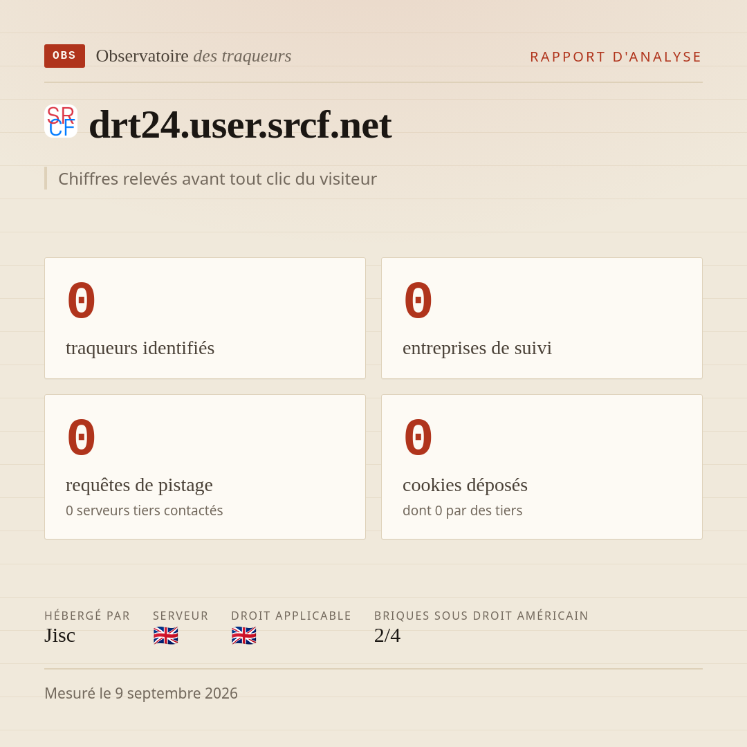 drt24.user.srcf.net : 0 traqueurs identifiés, 0 entreprises de suivi, 0 requêtes de pistage. Chiffres relevés avant tout clic du visiteur.