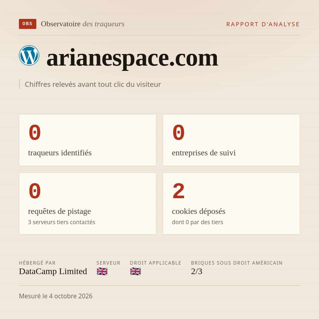 arianespace.com : 0 traqueurs identifiés, 0 entreprises de suivi, 0 requêtes de pistage. Chiffres relevés avant tout clic du visiteur.