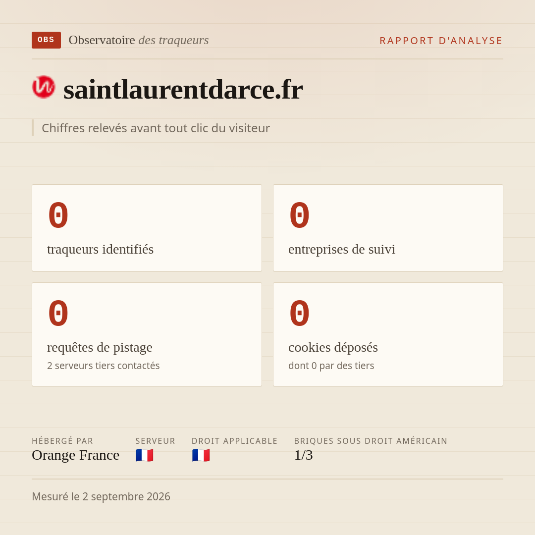 saintlaurentdarce.fr : 0 traqueurs identifiés, 0 entreprises de suivi, 0 requêtes de pistage. Chiffres relevés avant tout clic du visiteur.