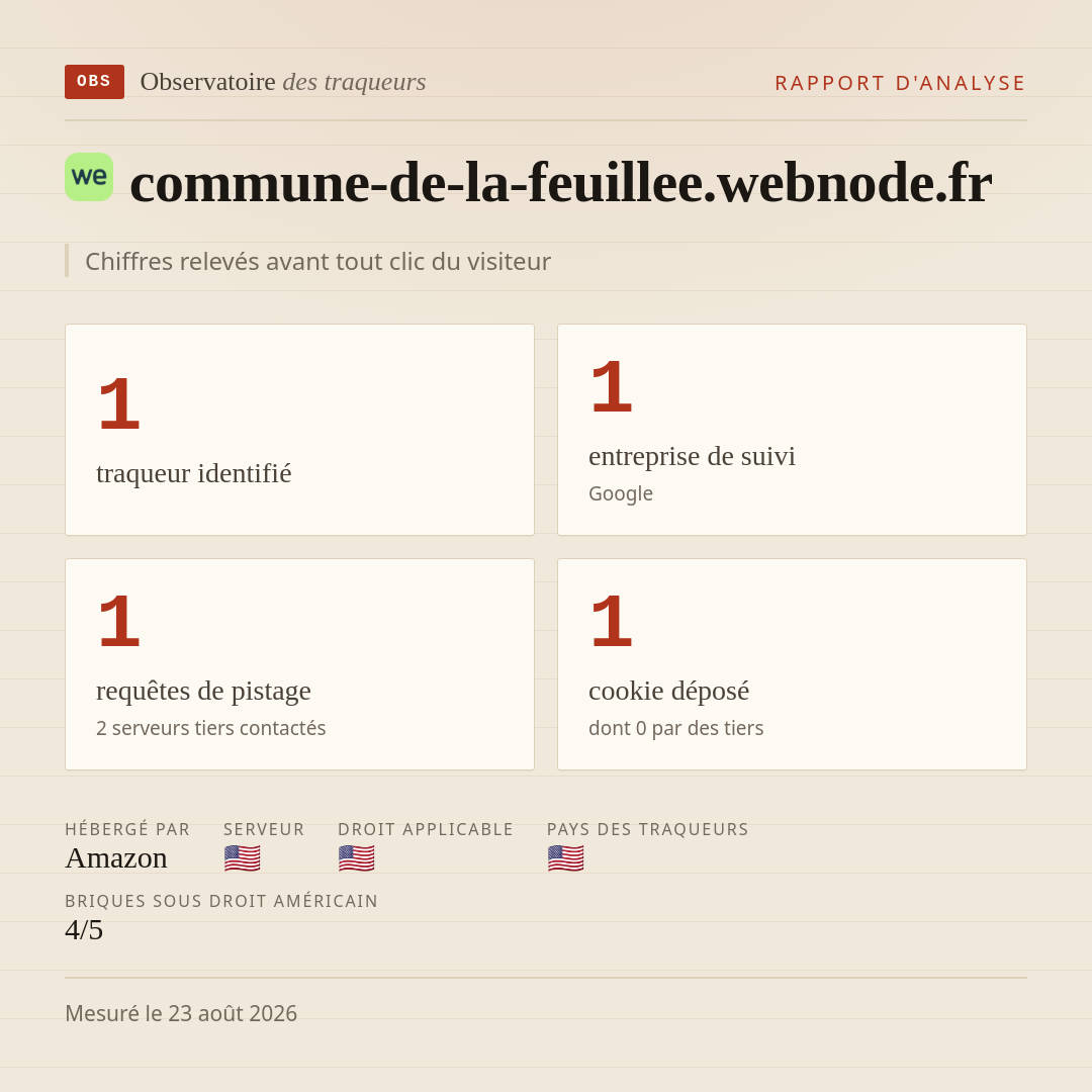 commune-de-la-feuillee.webnode.fr : 1 traqueur identifié, 1 entreprise de suivi, 1 requêtes de pistage. Chiffres relevés avant tout clic du visiteur.