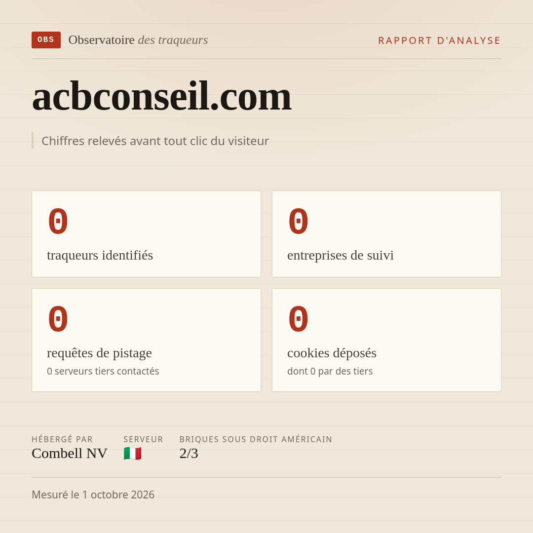 acbconseil.com : 0 traqueurs identifiés, 0 entreprises de suivi, 0 requêtes de pistage. Chiffres relevés avant tout clic du visiteur.