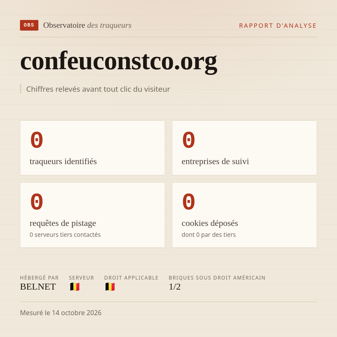 confeuconstco.org : 0 traqueurs identifiés, 0 entreprises de suivi, 0 requêtes de pistage. Chiffres relevés avant tout clic du visiteur.