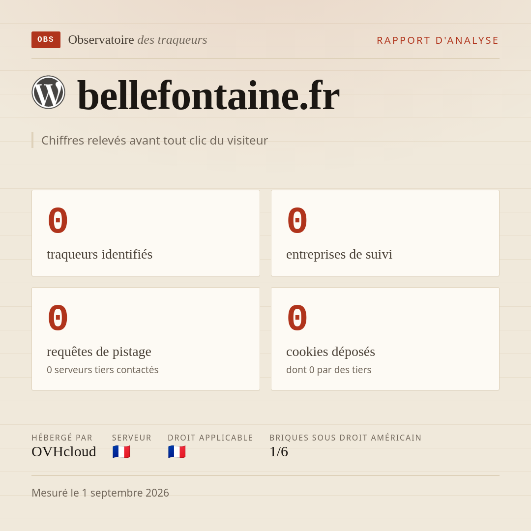 bellefontaine.fr : 0 traqueurs identifiés, 0 entreprises de suivi, 0 requêtes de pistage. Chiffres relevés avant tout clic du visiteur.