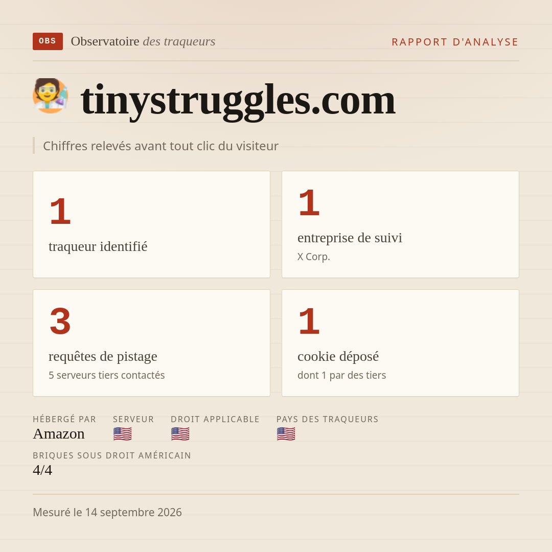 tinystruggles.com : 1 traqueur identifié, 1 entreprise de suivi, 3 requêtes de pistage. Chiffres relevés avant tout clic du visiteur.