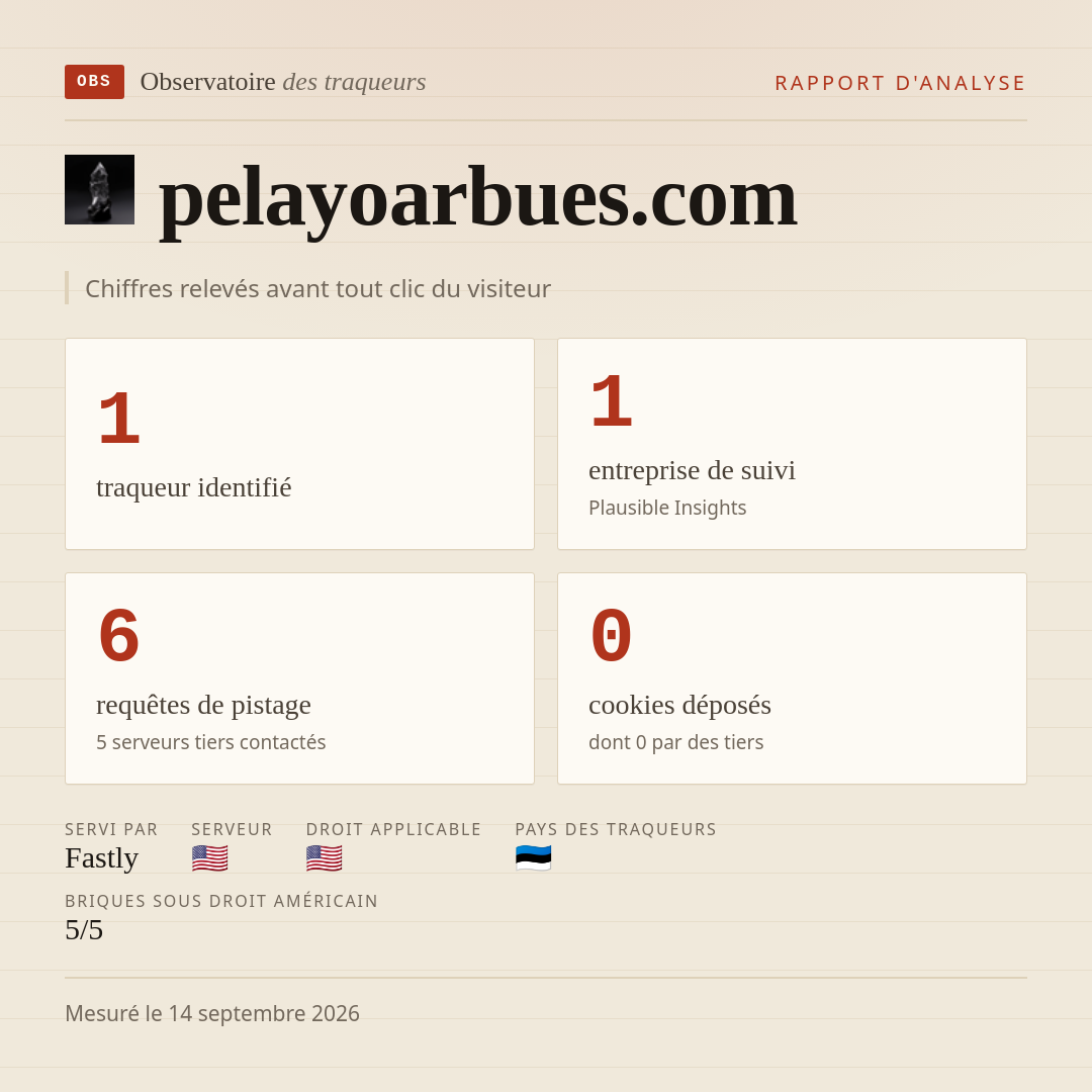 pelayoarbues.com : 1 traqueur identifié, 1 entreprise de suivi, 6 requêtes de pistage. Chiffres relevés avant tout clic du visiteur.