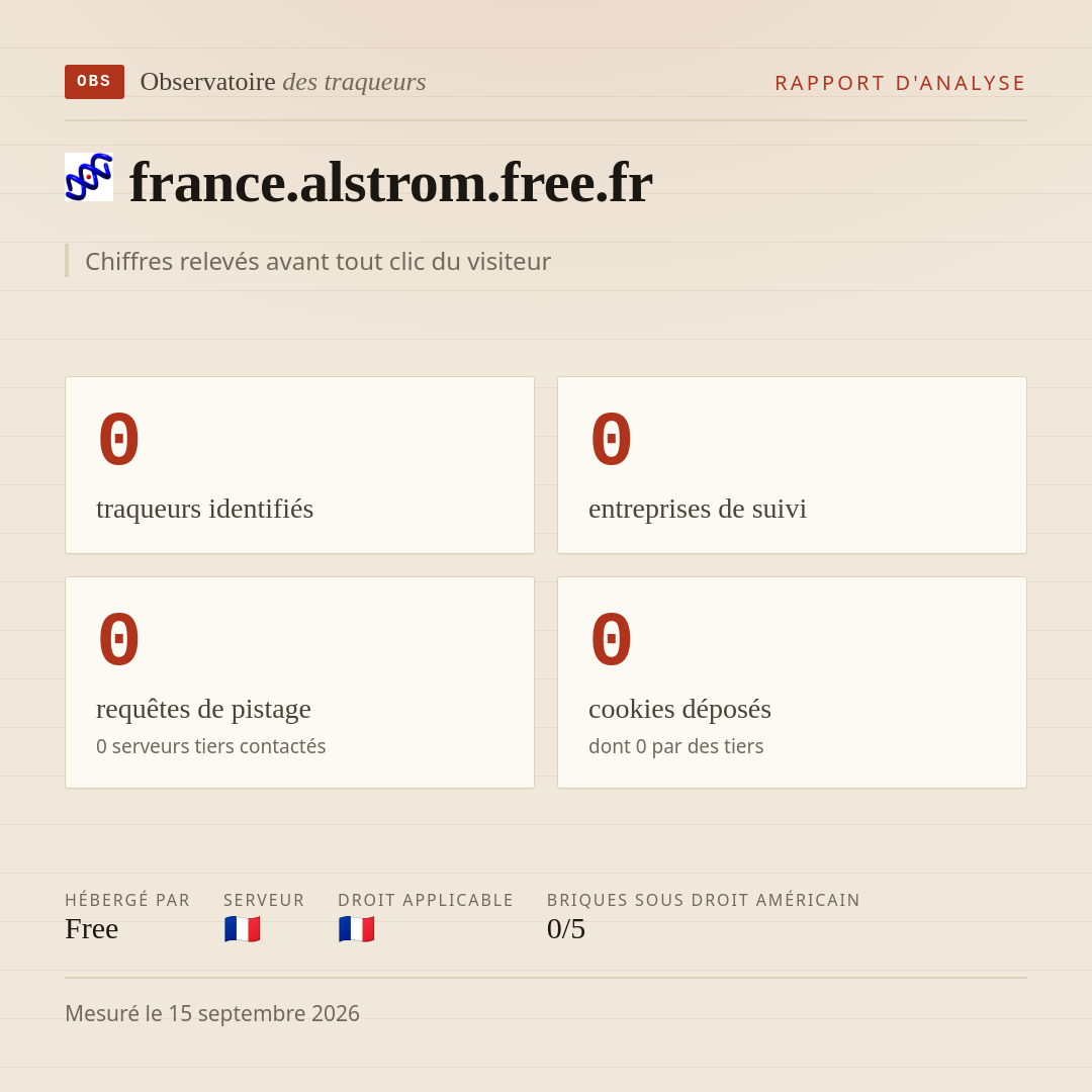 france.alstrom.free.fr : 0 traqueurs identifiés, 0 entreprises de suivi, 0 requêtes de pistage. Chiffres relevés avant tout clic du visiteur.