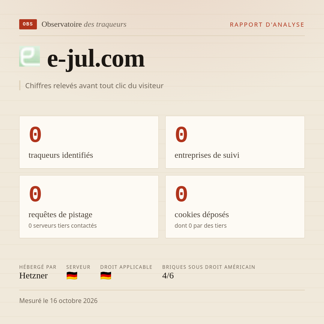 e-jul.com : 0 traqueurs identifiés, 0 entreprises de suivi, 0 requêtes de pistage. Chiffres relevés avant tout clic du visiteur.