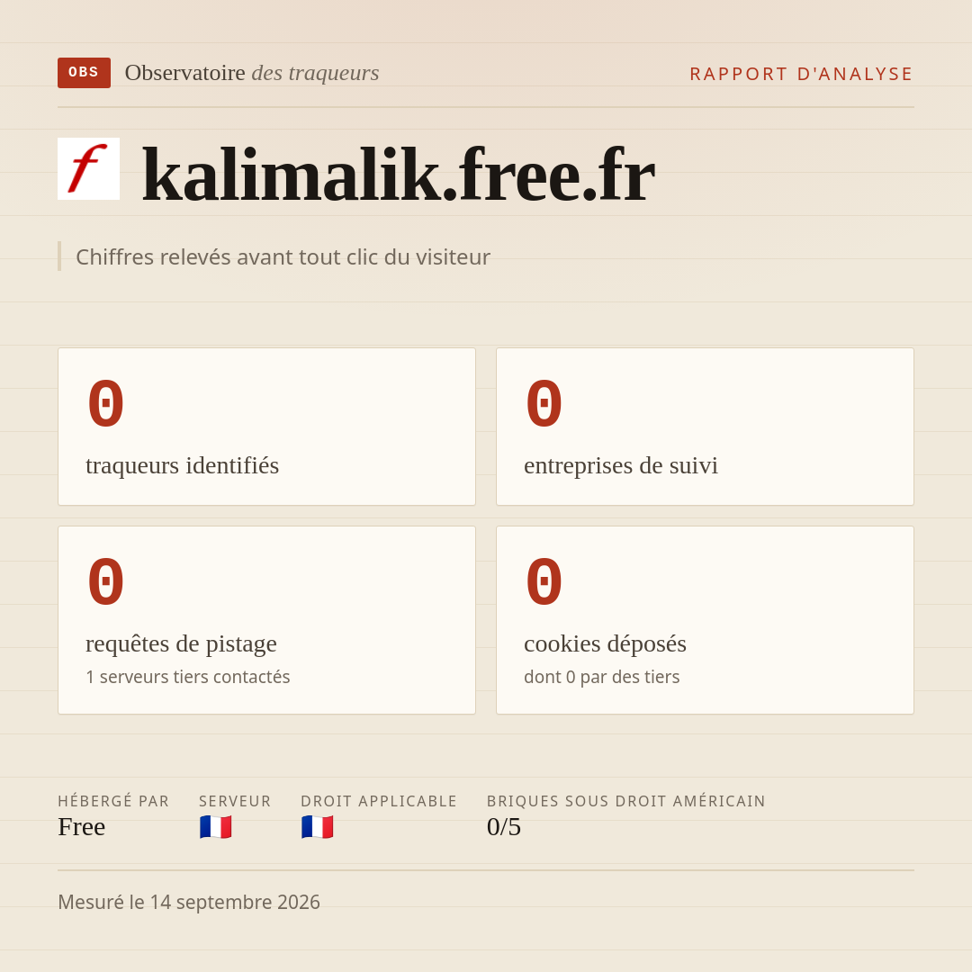 kalimalik.free.fr : 0 traqueurs identifiés, 0 entreprises de suivi, 0 requêtes de pistage. Chiffres relevés avant tout clic du visiteur.